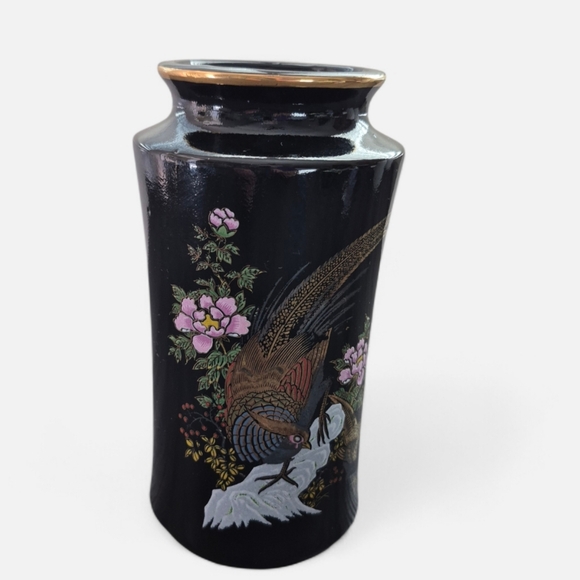 Other - Japanese Black Vase with Floral and Bird Design